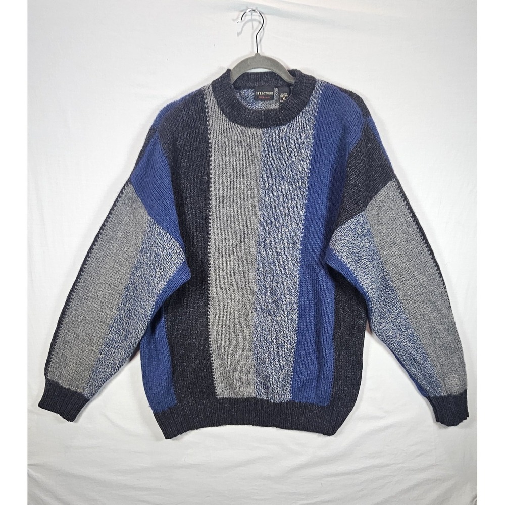 Vintage Structure‎ 100% Wool Sweater Mens XL Colorblock Blue Gray Knit 90s